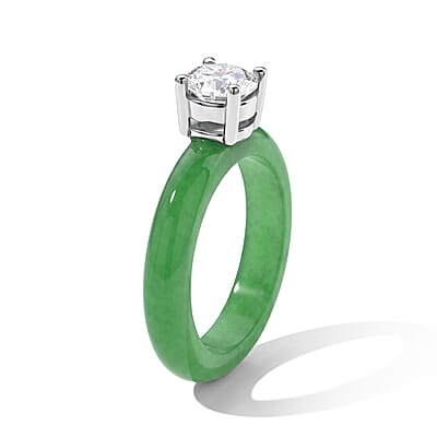 D'Joy Green Jade (D) and Moissanite 12.35 ctw Ring in Rhodium Over Sterling Silver (Size 6.0)