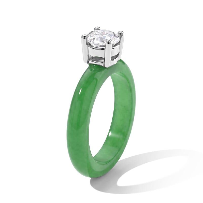 D'Joy Verdant Green Jade(D) and Moissanite 12.35 ctw Solitaire Ring in Rhodium Over Sterling Silver (Size 6.0)