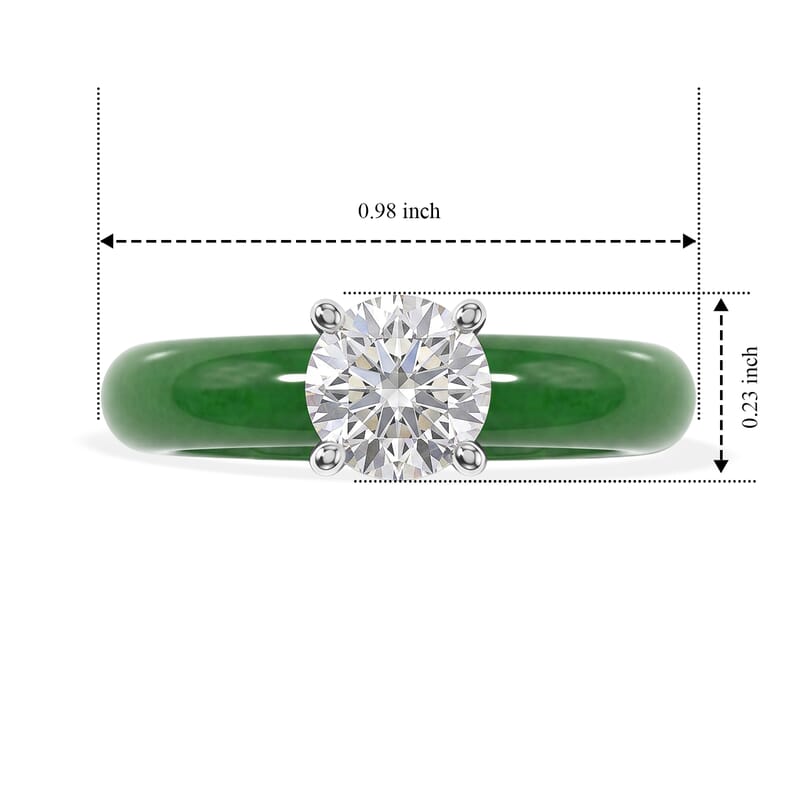 D'Joy Verdant Green Jade(D) and Moissanite 12.35 ctw Solitaire Ring in Rhodium Over Sterling Silver (Size 6.0)