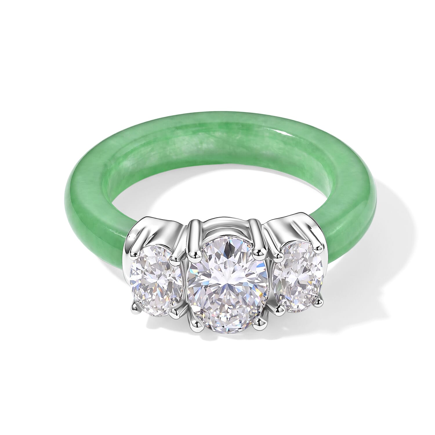 D'Joy Moissanite and Green Jade(D) 12.60 ctw Band Ring in Rhodium Over Sterling Silver (Size 5.0)