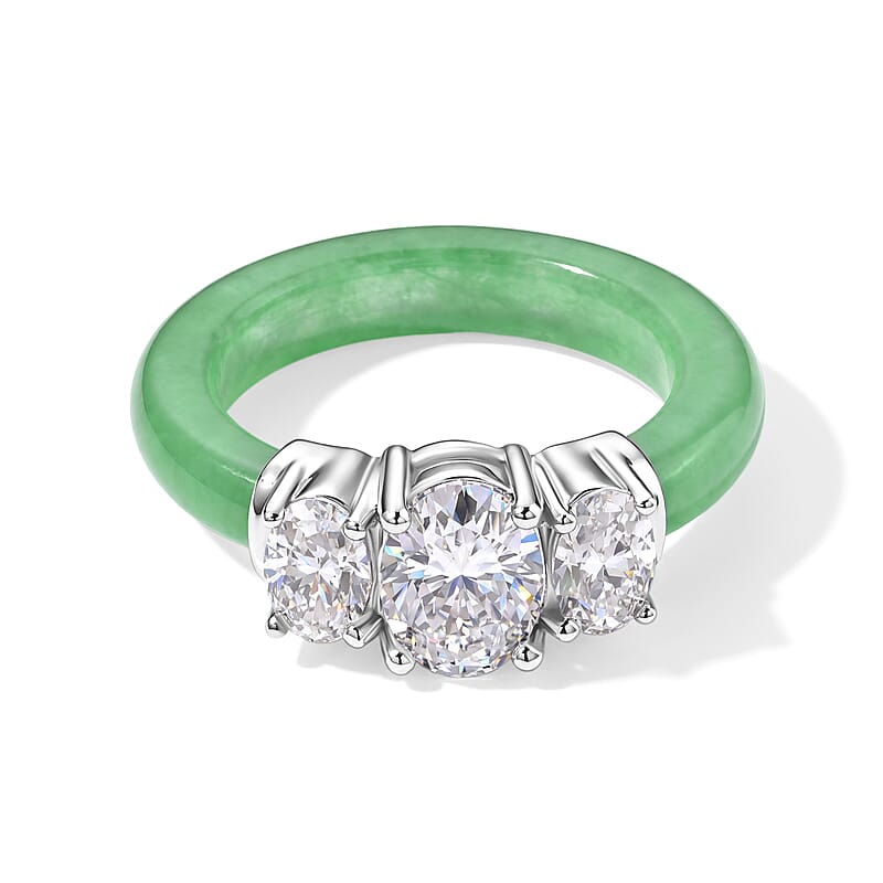 D'Joy Moissanite and Green Jade(D) 12.60 ctw Band Ring in Rhodium Over Sterling Silver (Size 5.0)