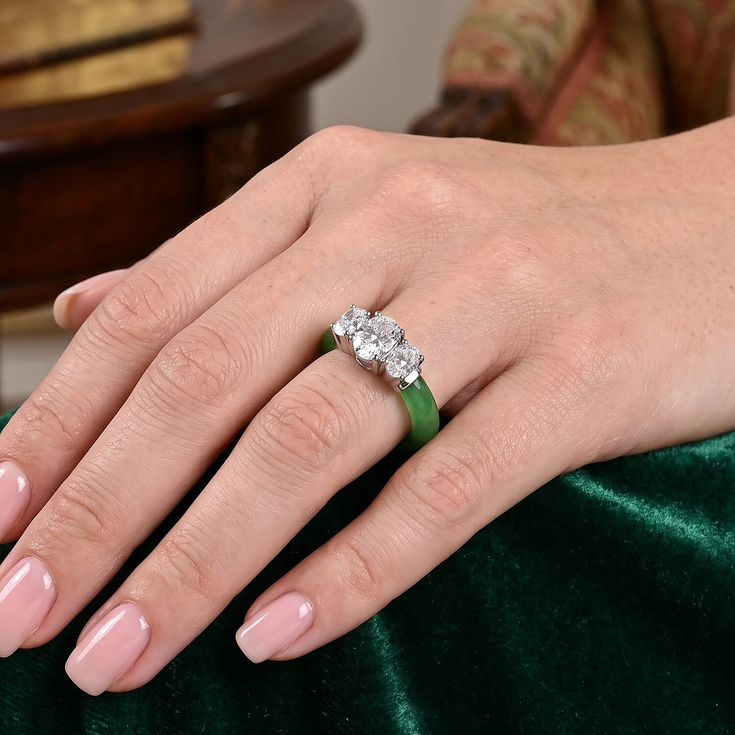 D'Joy Moissanite and Green Jade(D) 12.60 ctw Band Ring in Rhodium Over Sterling Silver (Size 5.0)