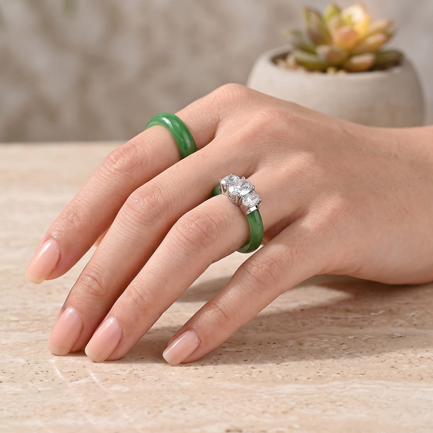 D'Joy Moissanite and Green Jade(D) 12.60 ctw Band Ring in Rhodium Over Sterling Silver (Size 5.0)