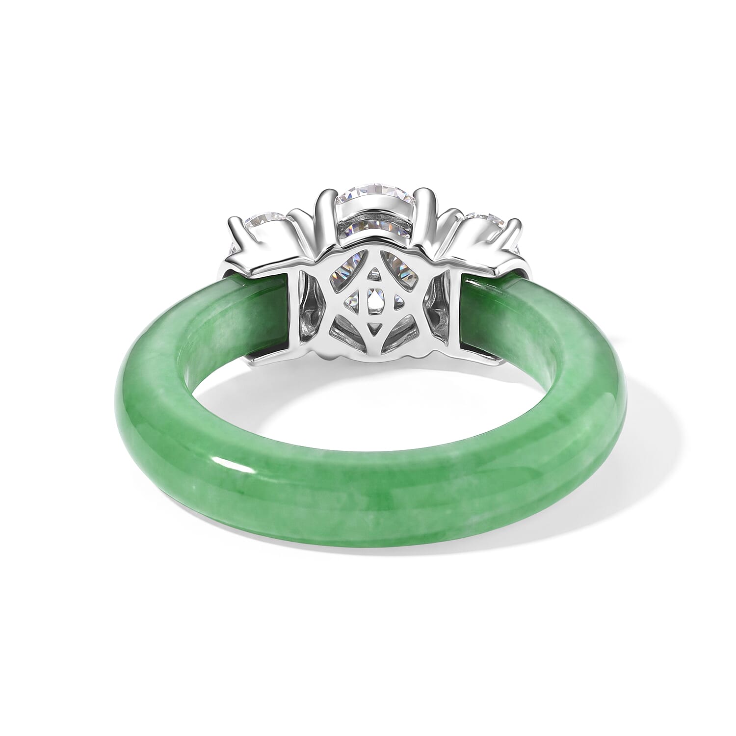 D'Joy Moissanite and Green Jade(D) 12.60 ctw Band Ring in Rhodium Over Sterling Silver (Size 5.0)