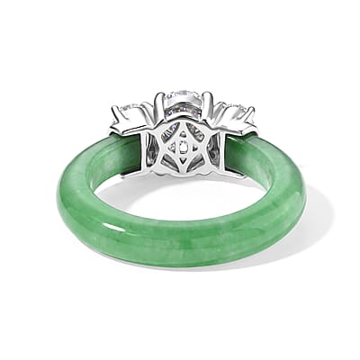 D'Joy Moissanite and Green Jade(D) 12.60 ctw Band Ring in Rhodium Over Sterling Silver (Size 5.0)
