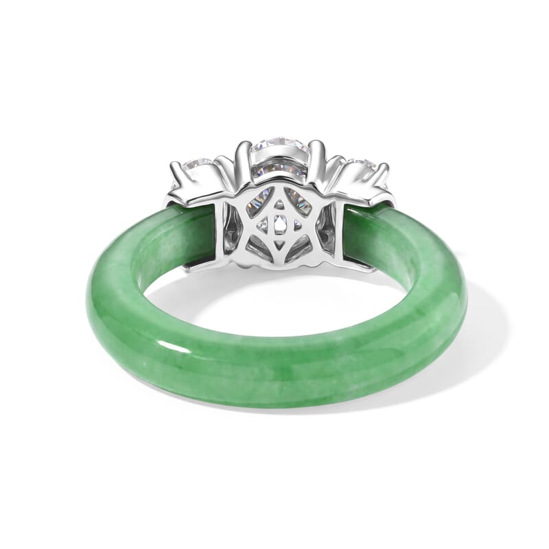 D'Joy Moissanite and Verdant Green Jade(D) Band 12.60 ctw Trinity Ring in Rhodium Over Sterling Silver (Size 5.0)
