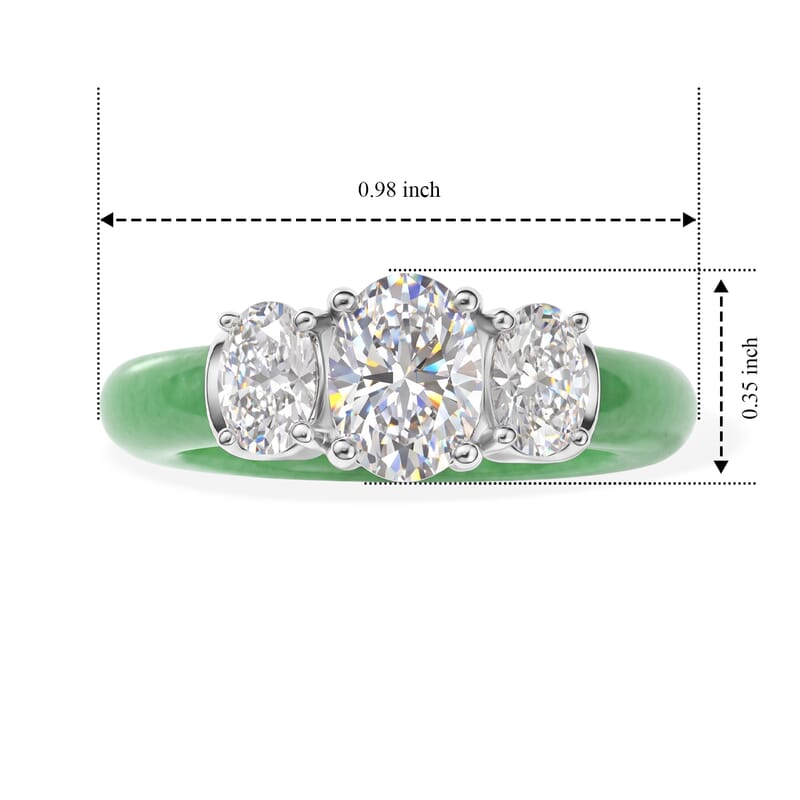 D'Joy Moissanite and Verdant Green Jade(D) Band 12.60 ctw Trinity Ring in Rhodium Over Sterling Silver (Size 5.0)
