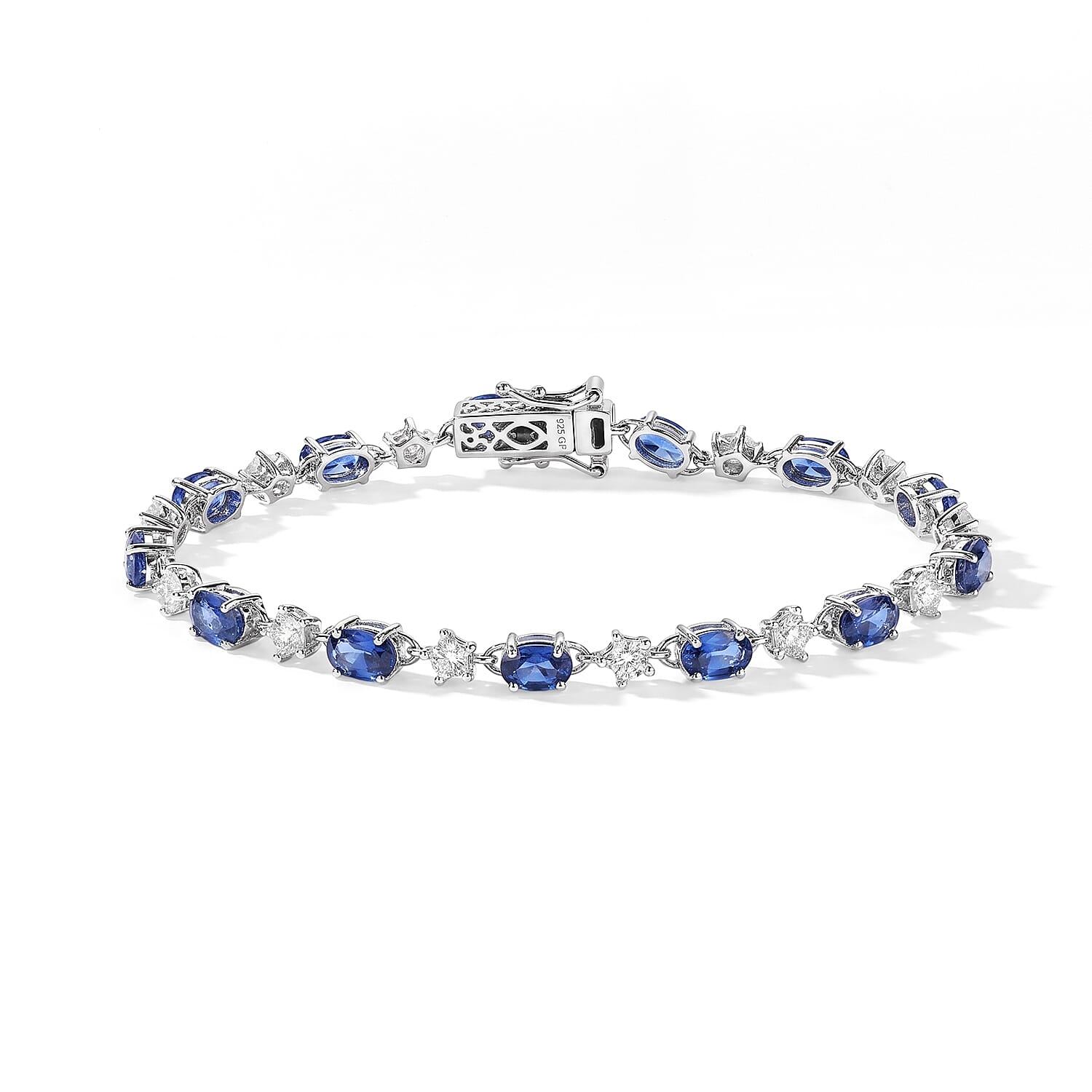 GP Premium Kashmir Kyanite and Moissanite 10.60 ctw Bracelet in Rhodium Over Sterling Silver (7.25 In)