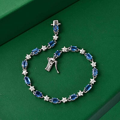 GP Premium Kashmir Kyanite and Moissanite 10.60 ctw Bracelet in Rhodium Over Sterling Silver (7.25 In)