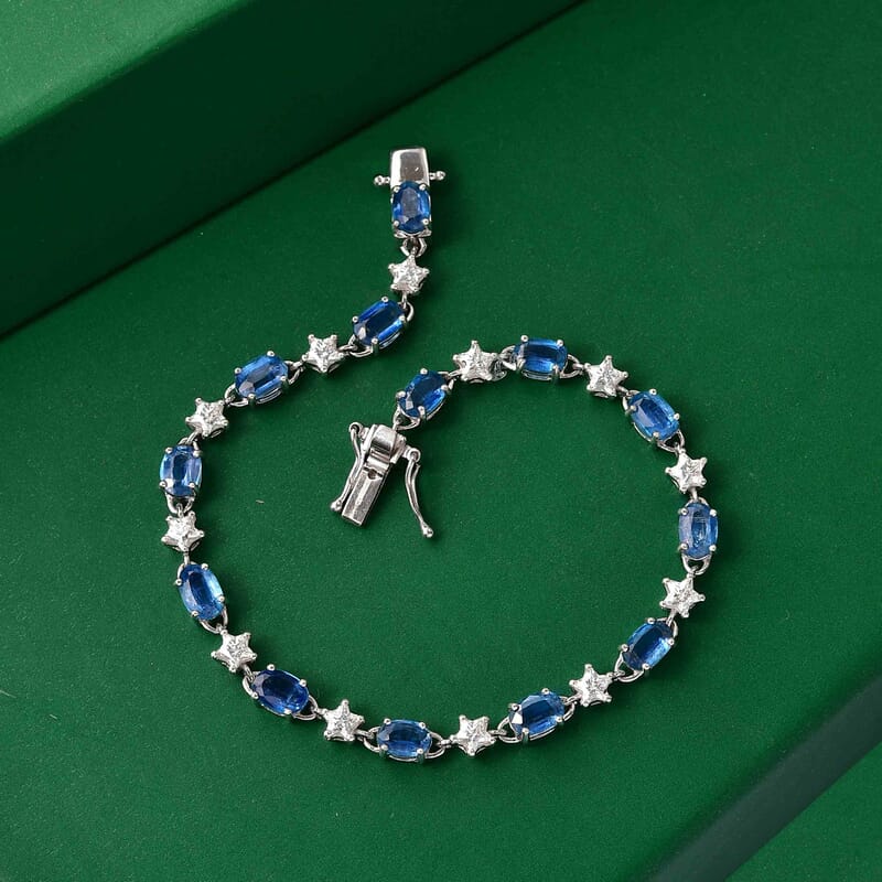 GP Celestial Dream Collection Premium Kashmir Kyanite and Moissanite 10.75 ctw Bracelet in Rhodium Over Sterling Silver (7.25 In)