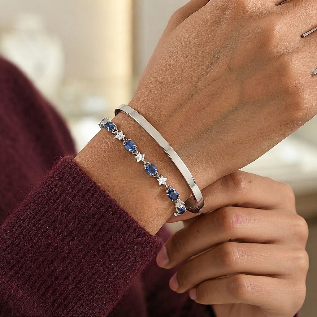 GP Premium Kashmir Kyanite and Moissanite 10.60 ctw Bracelet in Rhodium Over Sterling Silver (7.25 In)