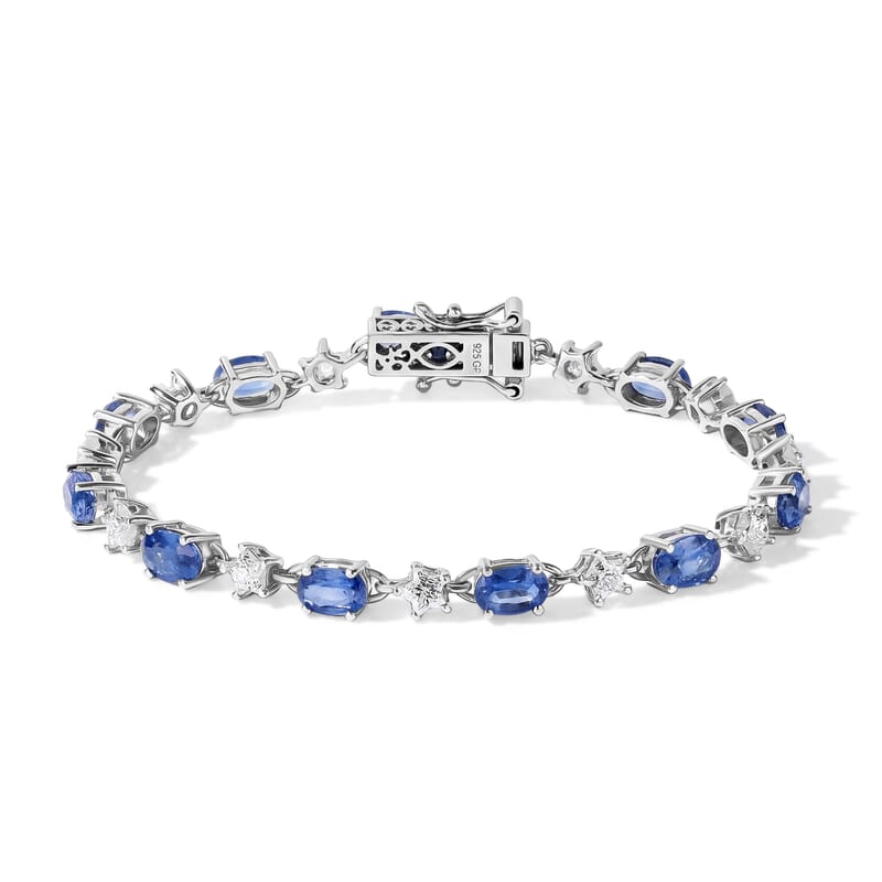 GP Premium Kashmir Kyanite and Moissanite 9.15 ctw Bracelet in Rhodium Over Sterling Silver (6.50 In)