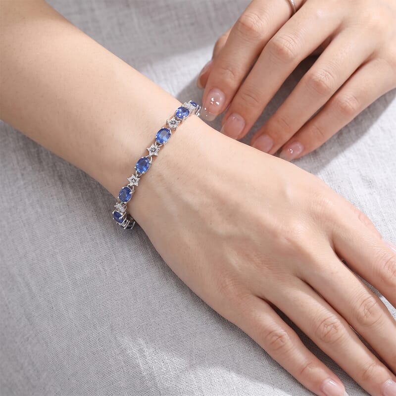 GP Premium Kashmir Kyanite and Moissanite 9.15 ctw Bracelet in Rhodium Over Sterling Silver (6.50 In)