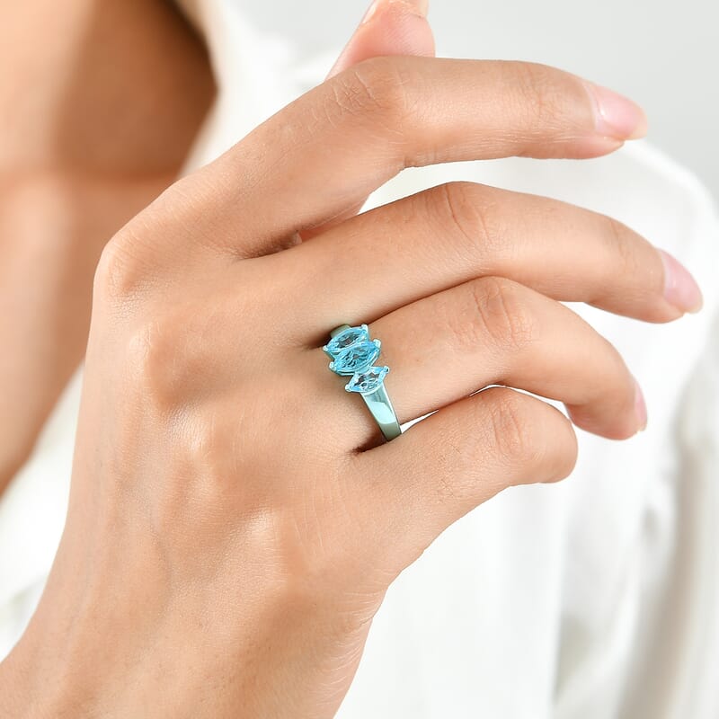 D'Joy Premium Swiss Blue Topaz 1.60 ctw Ocean Mystique Ring in Blue E-coat Sterling Silver (Size 5.0)