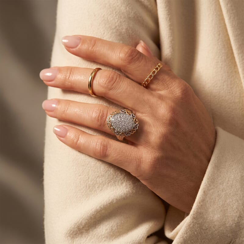 EverTrue Lab Created White Sapphire 1.00 ctw Two Tone Lumina Crown Ring in 18K Yellow Gold Plated and Platinum Bond (Size 5.0)