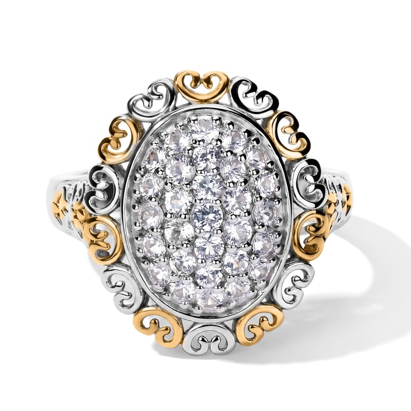 EverTrue Lab Created White Sapphire 1.00 ctw Two Tone Lumina Crown Ring in 18K Yellow Gold Plated and Platinum Bond (Size 6.0)