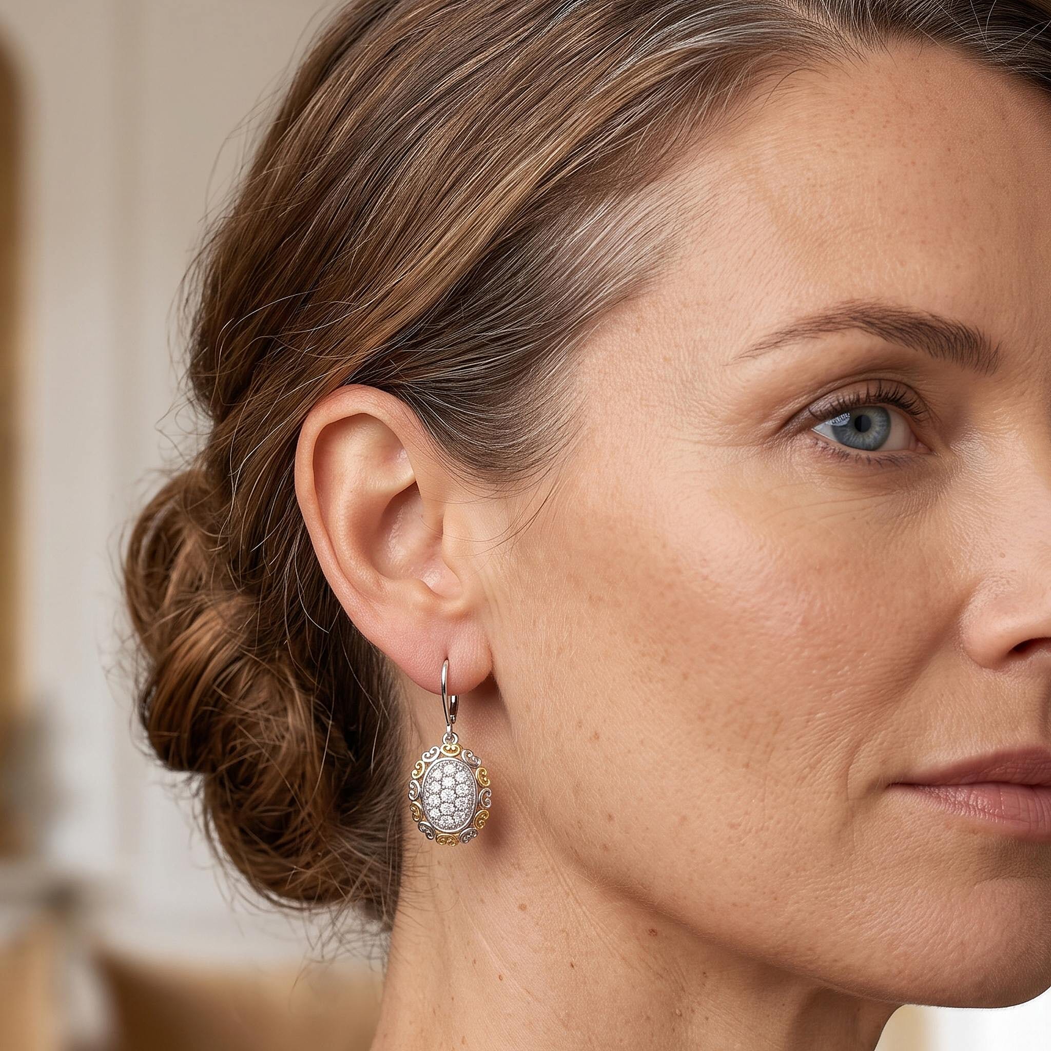EverTrue Lab Created White Sapphire 1.35 ctw Two Tone Lumina Crown Lever Back Earrings in 18K YG Plated and Platinum Bond