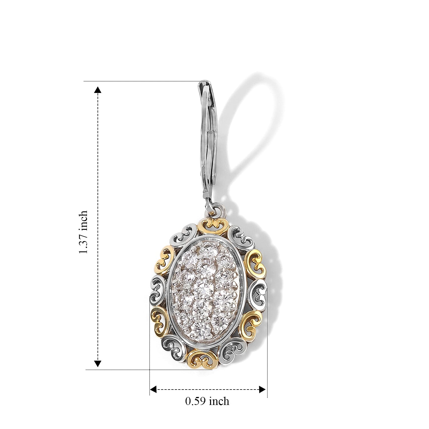 EverTrue Lab Created White Sapphire 1.35 ctw Two Tone Lumina Crown Lever Back Earrings in 18K YG Plated and Platinum Bond