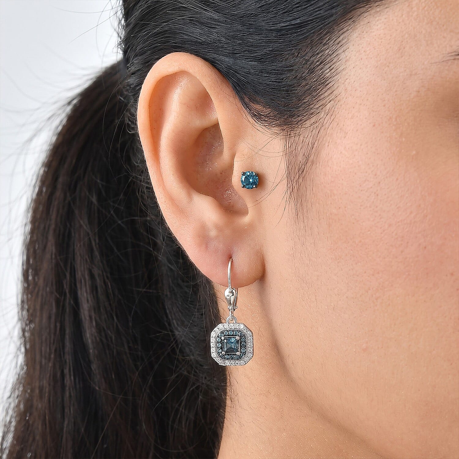 Luxuriant Asscher Cut Lab Grown Blue Diamond (IR) and Lab Grown Diamond SI 1.70 ctw Earrings in Rhodium Over Sterling Silver