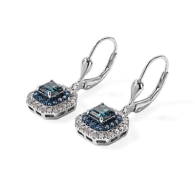 Luxuriant Asscher Cut Lab Grown Blue Diamond (IR) and Lab Grown Diamond SI 1.70 ctw Earrings in Rhodium Over Sterling Silver