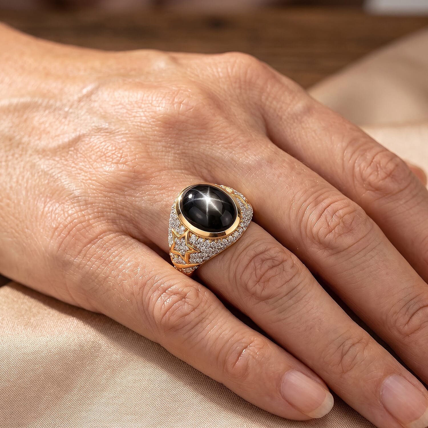 D'Joy Black Star Diopside, Moissanite Ring in 18K Vermeil YG Over Sterling Silver (Size 6.0) 6.15 ctw