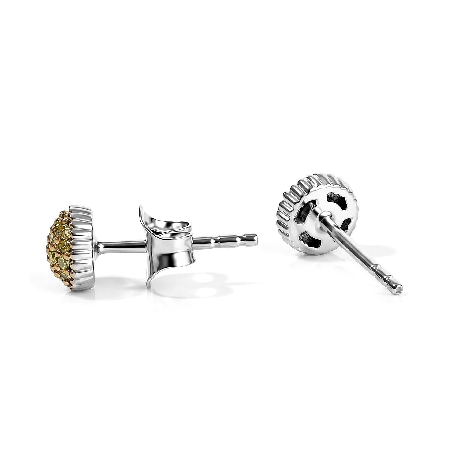 D'Joy Yellow Diamond I3 0.20 ctw Solitaire Stud Earrings in Rhodium Over Sterling Silver