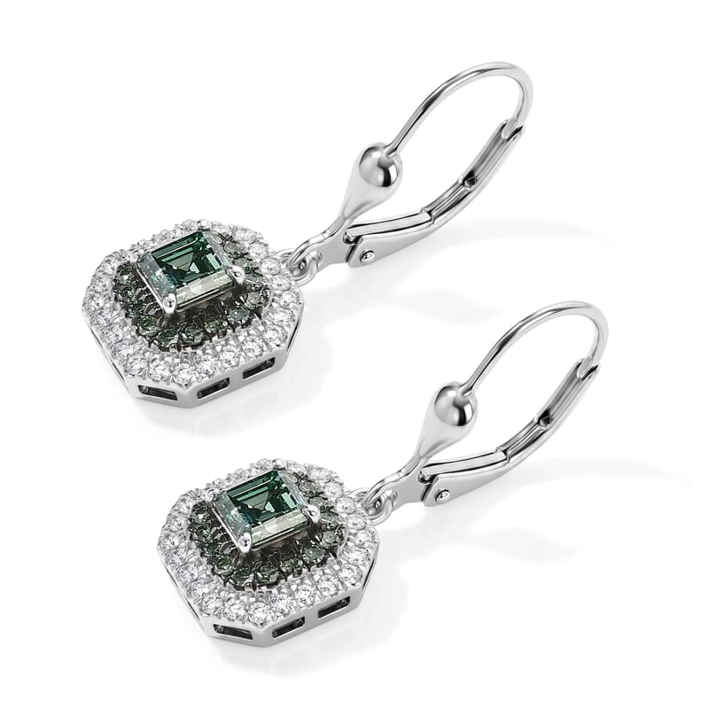 Luxuriant Asscher Cut Lab Grown Green Diamond (IR) and Lab Grown Diamond SI 1.65 ctw Royal Halo Earrings in Rhodium Over Sterling Silver