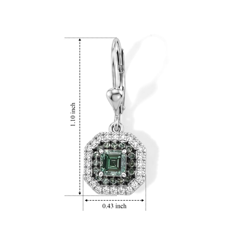 Luxuriant Asscher Cut Lab Grown Green Diamond (IR) and Lab Grown Diamond SI 1.65 ctw Royal Halo Earrings in Rhodium Over Sterling Silver