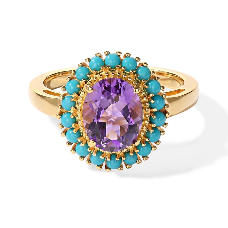 EverTrue African Amethyst and Lagoon Turquoise 3.10 ctw Crown Ring in 18K YG Plated (Size 6.0)