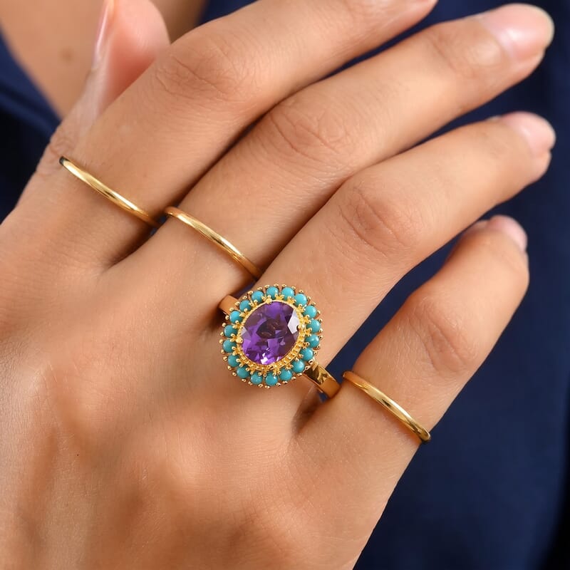 EverTrue African Amethyst and Lagoon Turquoise 3.10 ctw Crown Ring in 18K YG Plated (Size 6.0)