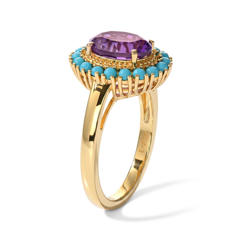 EverTrue African Amethyst and Lagoon Turquoise 3.10 ctw Crown Ring in 18K YG Plated (Size 6.0)