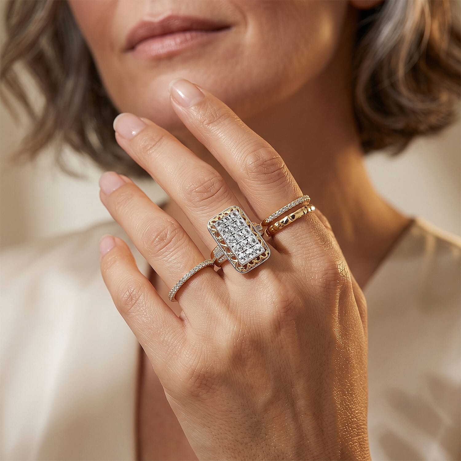 EverTrue Lab Created White Sapphire and White Zircon 2.85 ctw Cluster Ring in 18K YG Plated and Platinum Bond (Size 7.0)