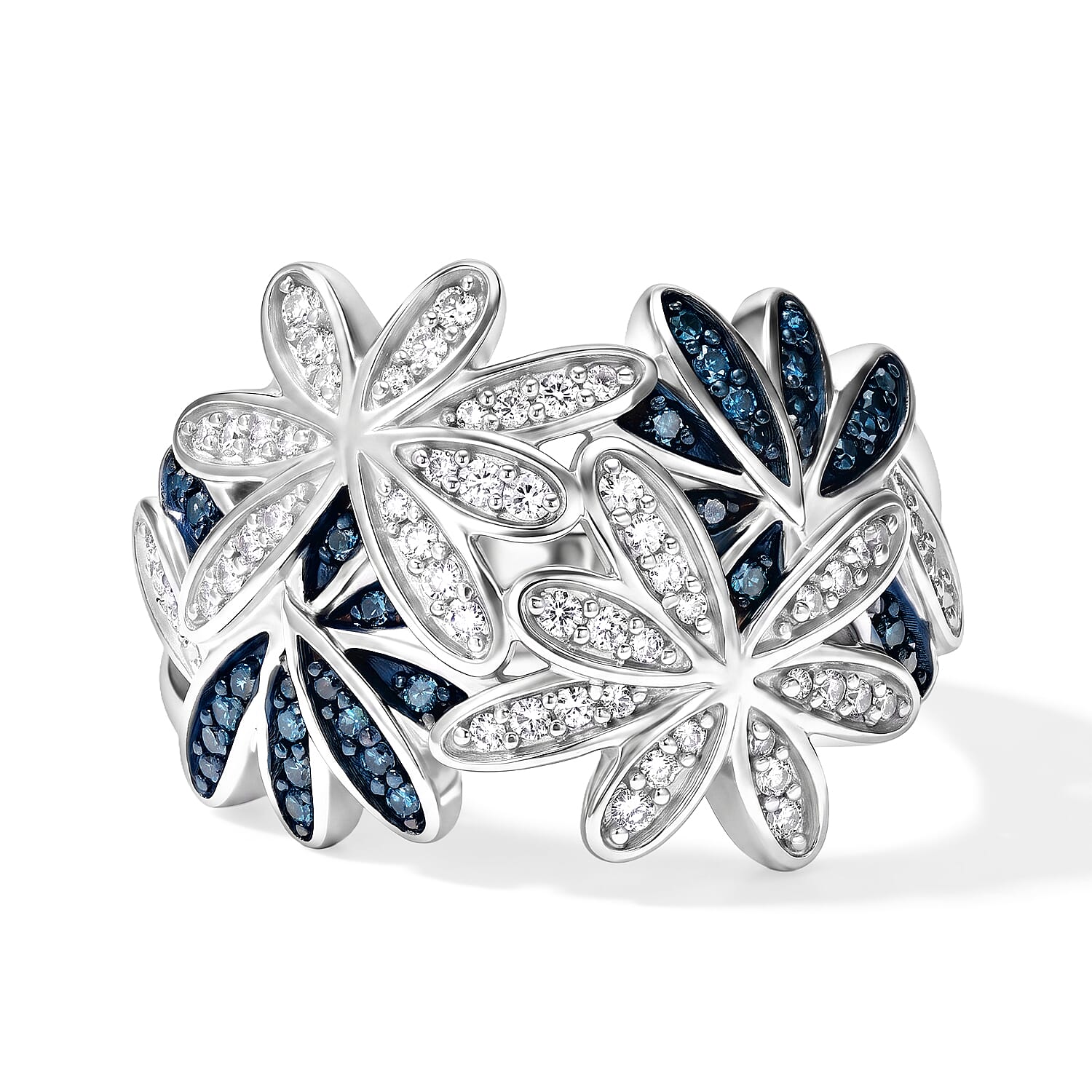 GP Italian Garden Collection Blue and White Diamond 0.50 ctw Floral Ring in Rhodium Over Sterling Silver (Size 6.0)