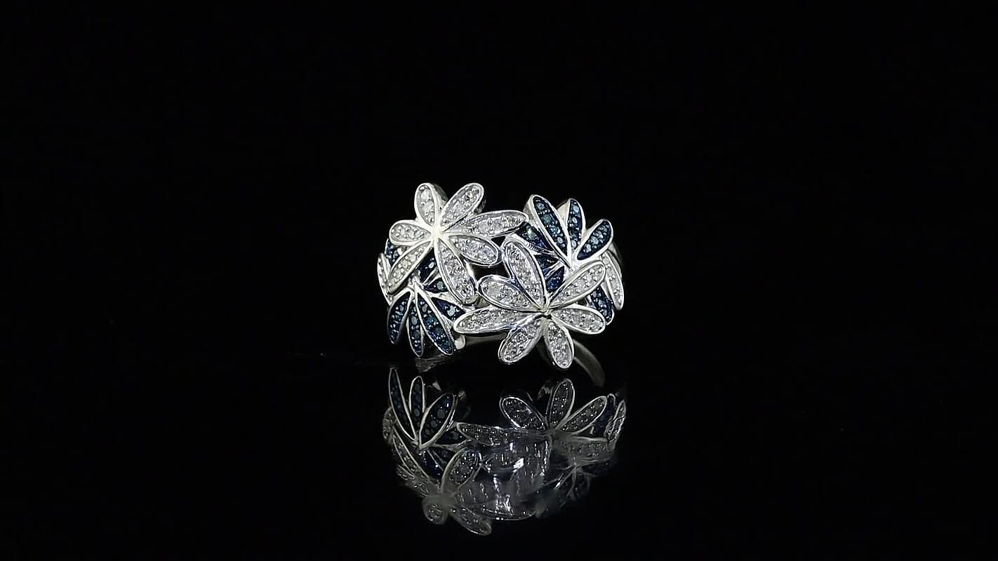 GP Blue and White Diamond 0.50 ctw Cluster Ring in Rhodium Over Sterling Silver (Size 8.0)
