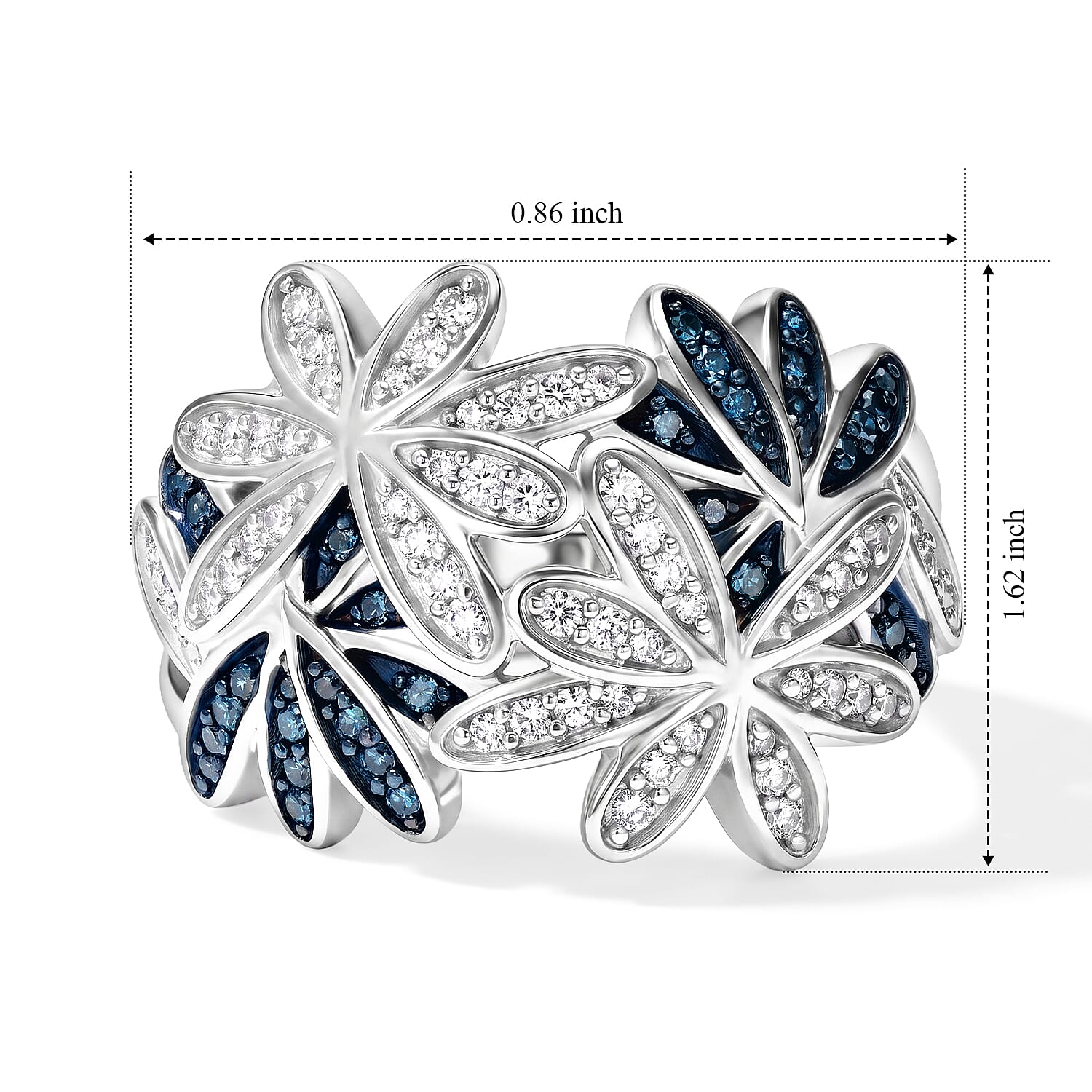 GP Italian Garden Collection Blue and White Diamond 0.50 ctw Floral Ring in Rhodium Over Sterling Silver (Size 6.0)