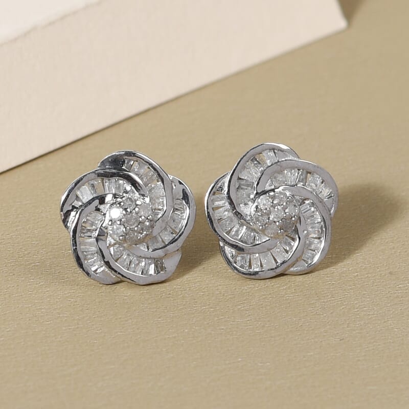 Diamond Spiral Stud Earrings in Platinum Over Sterling Silver 0.50 ctw