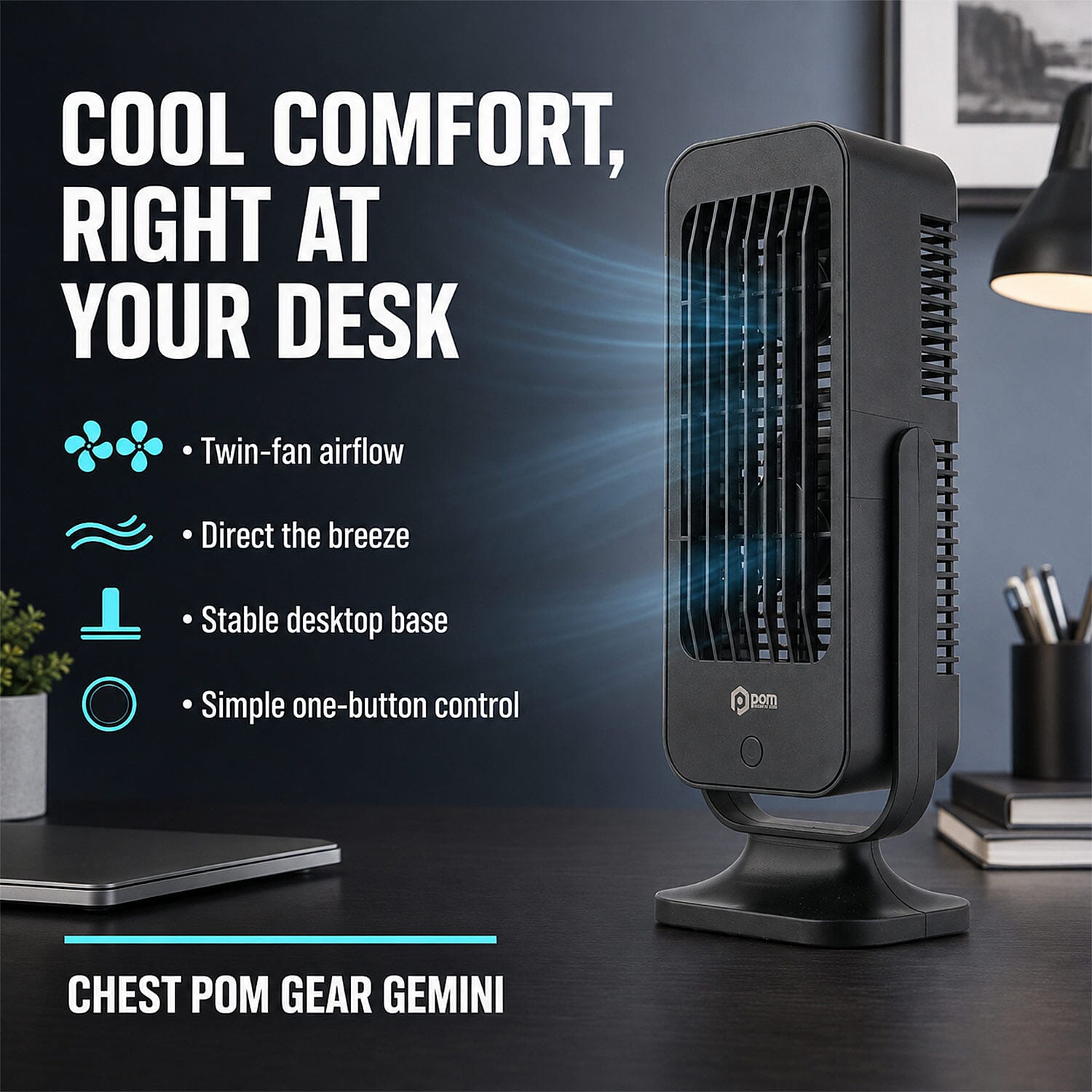 Pom Gear Gemini Twin Turbo Desk Fan - Black