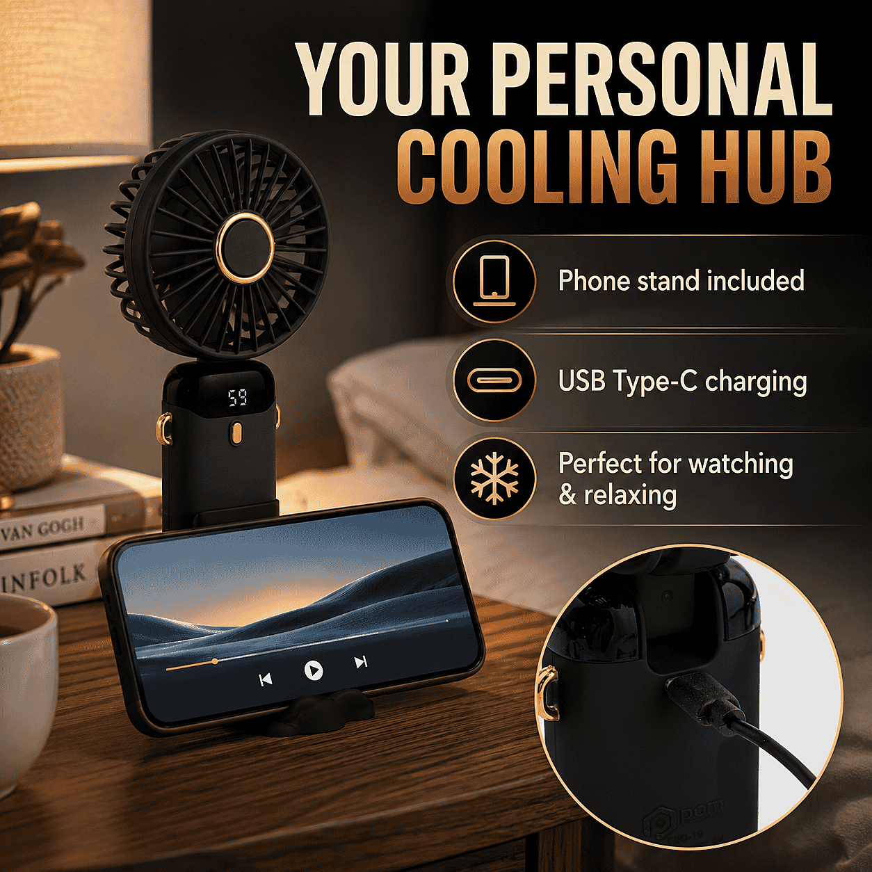 Pom Gear DigiFan - Pom Desk/Handheld Fan with Digital Display -Black