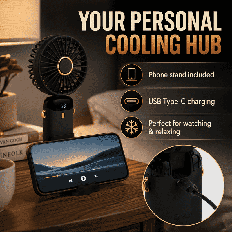 Pom Gear DigiFan - Pom Desk/Handheld Fan with Digital Display -Black