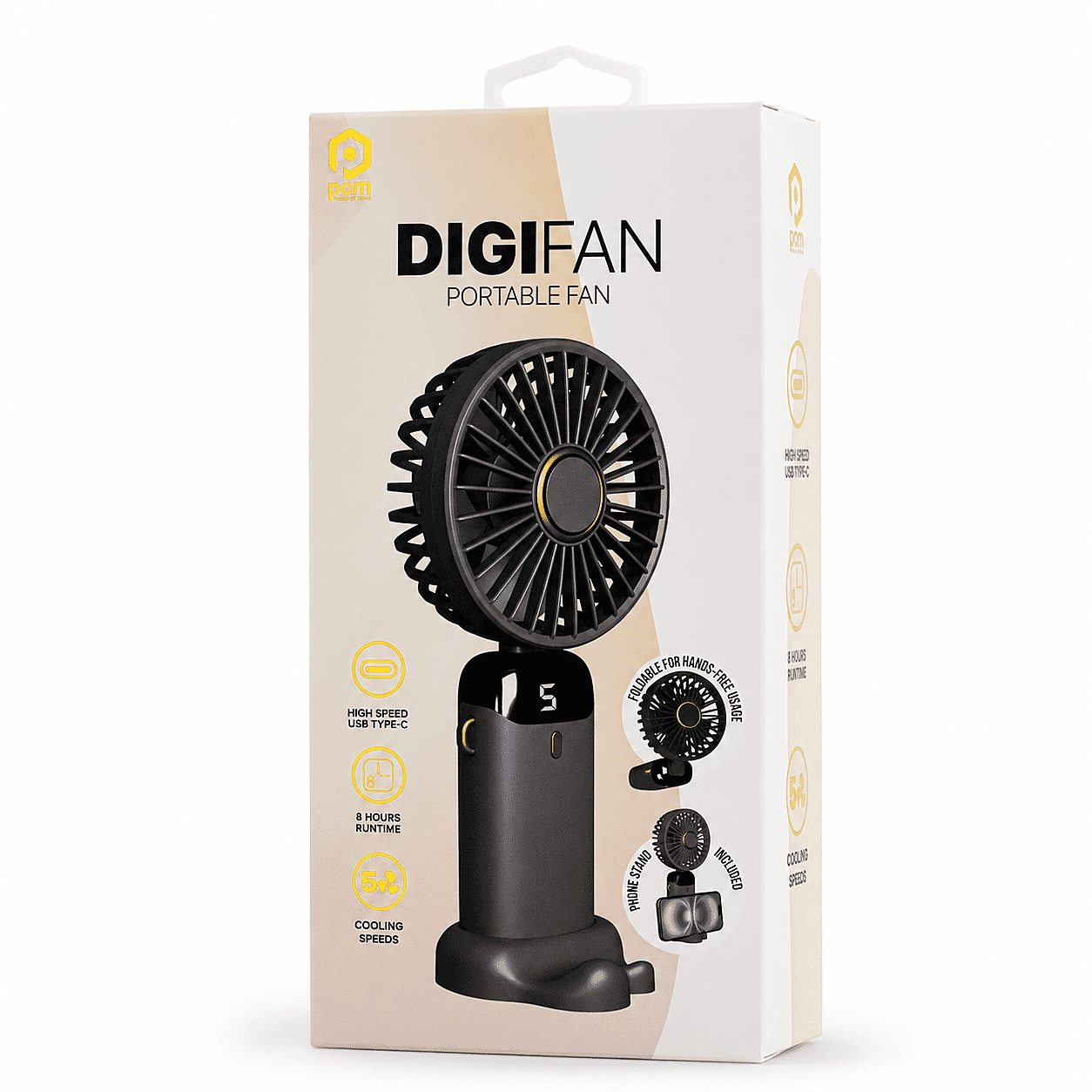 Pom Gear DigiFan - Pom Desk/Handheld Fan with Digital Display -Black