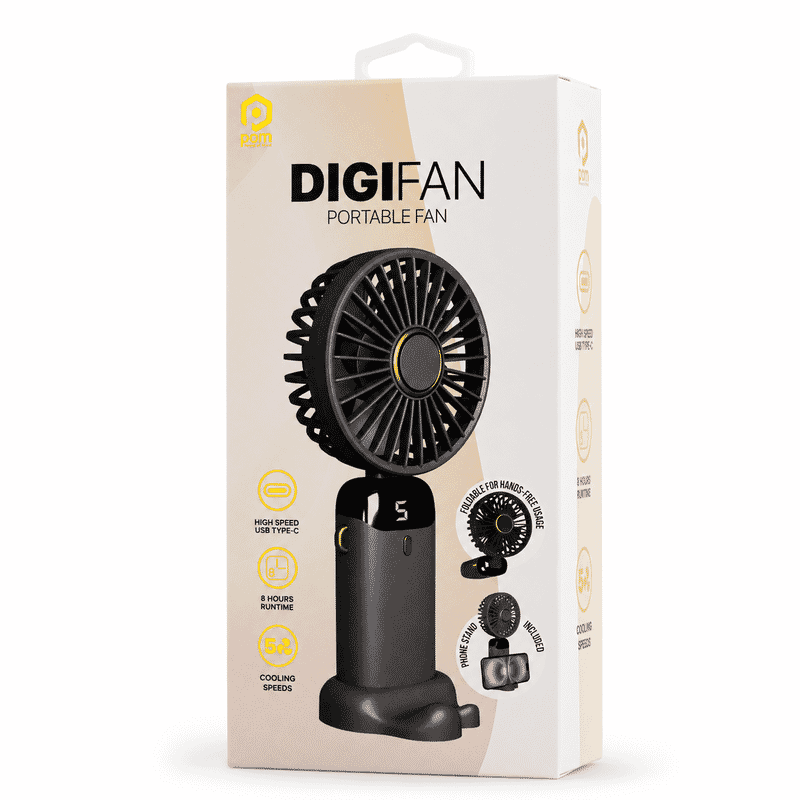 Pom Gear DigiFan - Pom Desk/Handheld Fan with Digital Display -Black