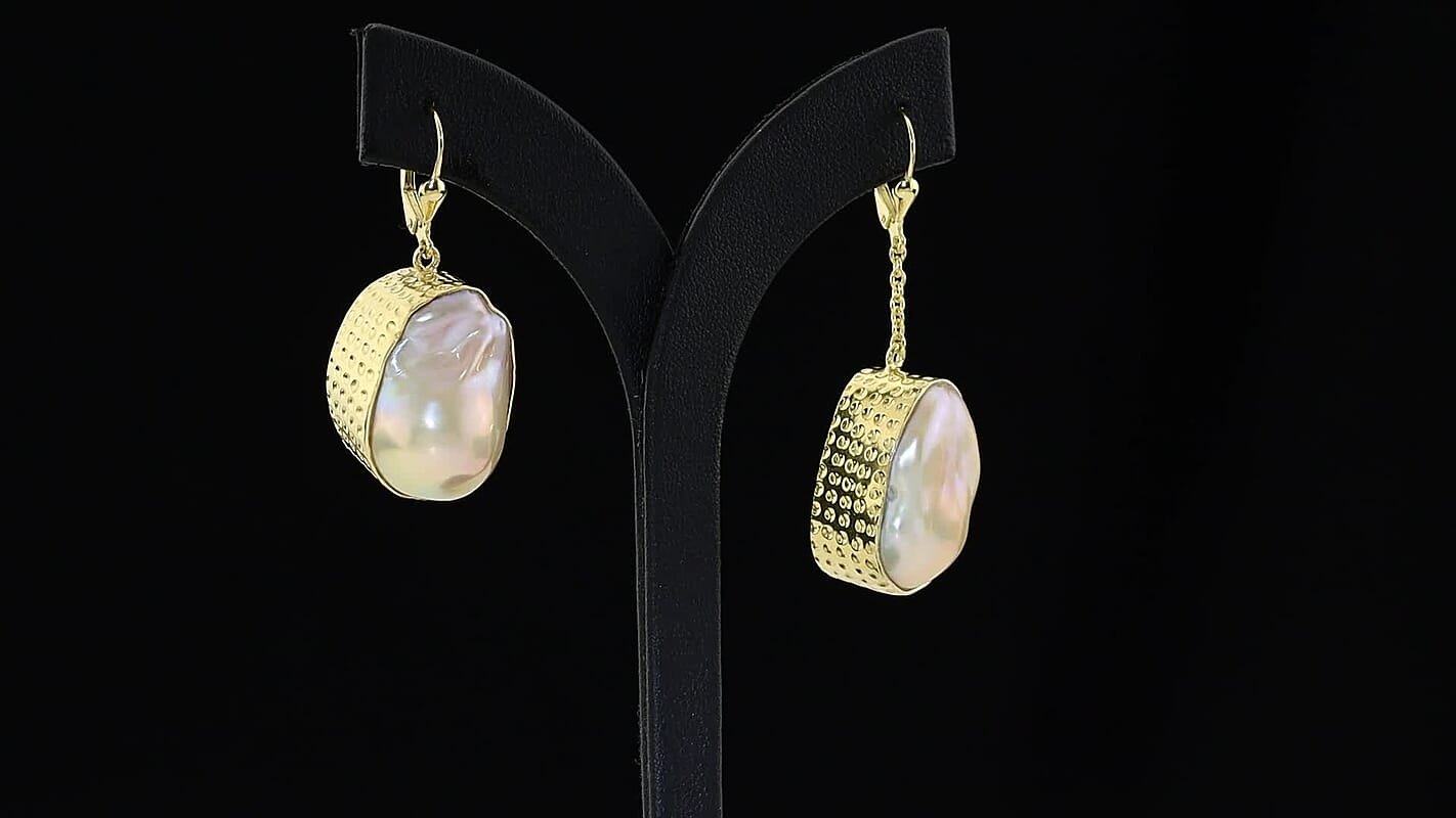 D''Joy White Baroque Pearl Earrings in 18K Vermeil YG Over Sterling Silver