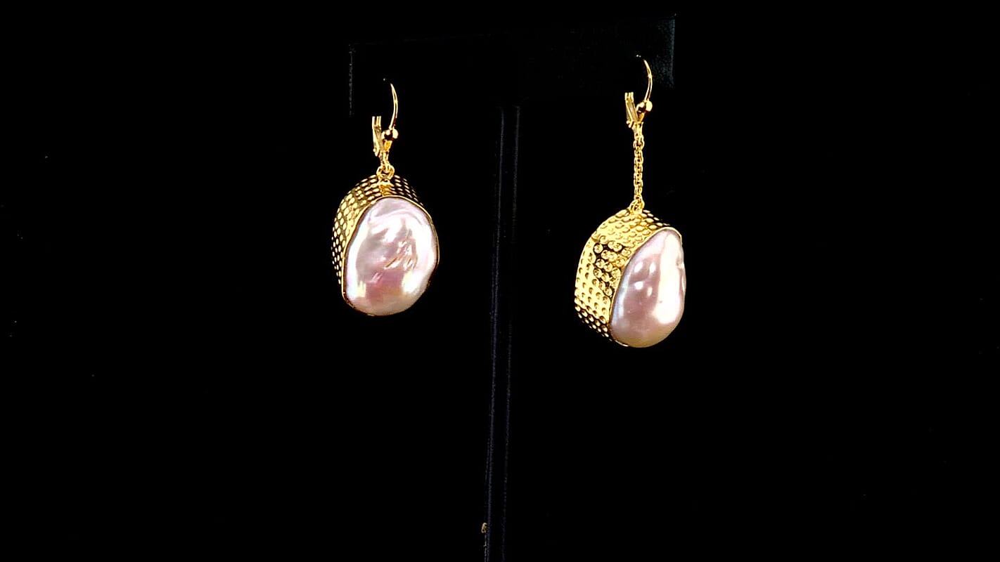 D''Joy White Baroque Pearl Earrings in 18K Vermeil YG Over Sterling Silver
