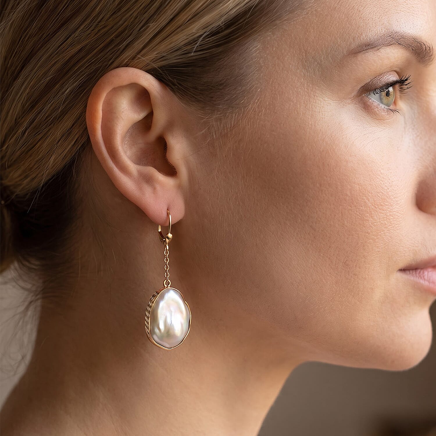D'Joy White Baroque Pearl Earrings in 18K Vermeil YG Over Sterling Silver