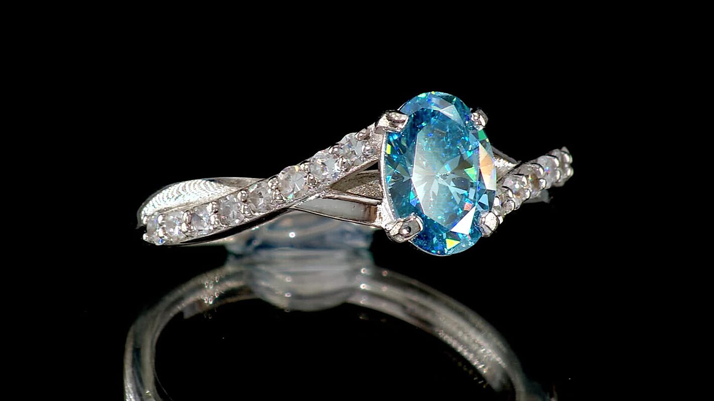 D''Joy Lab Grown Blue Diamond (IR), Lab Grown Diamond (VS) Ring in Rhodium Over Sterling Silver (Size 10.0) 1.25 ctw