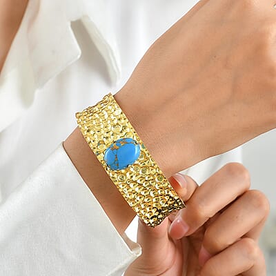 EverTrue Blue Turquoise 17.50 ctw Cuff Bracelet in 18K YG Plated (7.25 In)