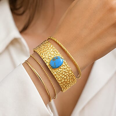 EverTrue Blue Turquoise 17.50 ctw Cuff Bracelet in 18K YG Plated (7.25 In)