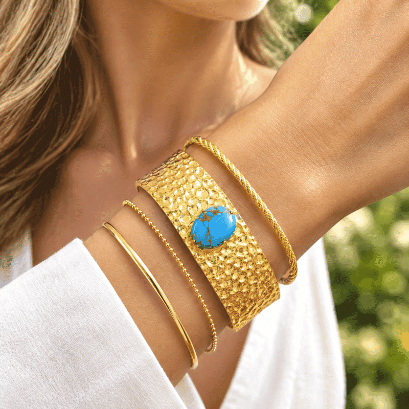 EverTrue Blue Turquoise 14.50 ctw Riviera Deco Cuff Bracelet in 18K YG Plated (7.25 In)