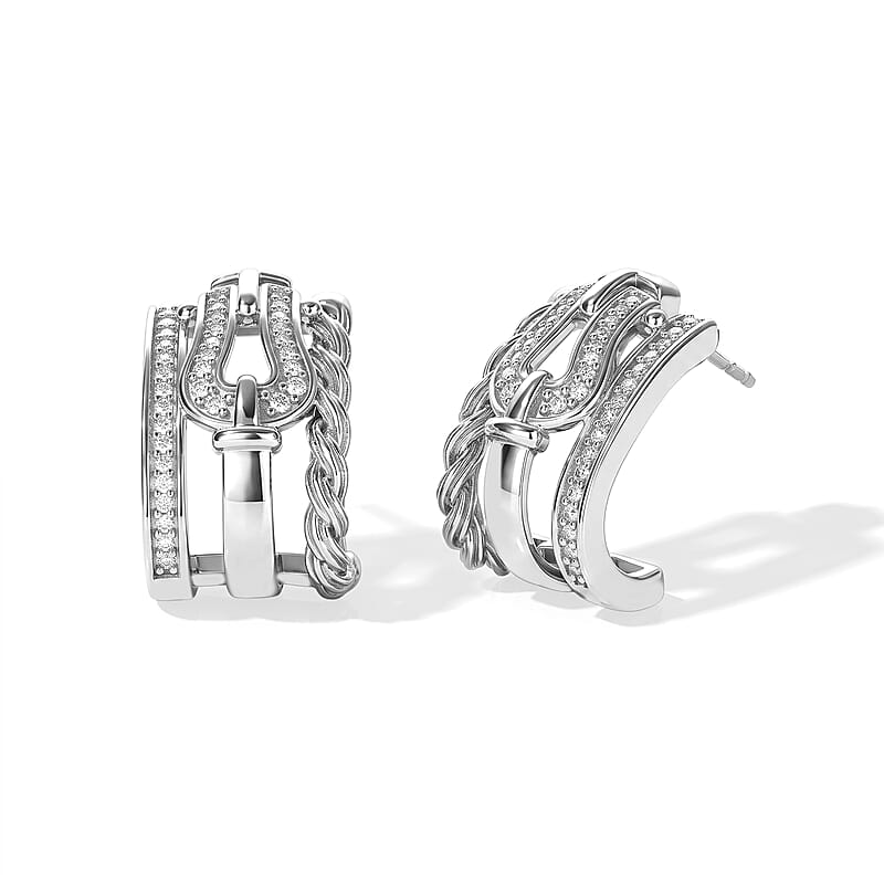 GP White Diamond 0.35 ctw J Hoop Earrings in Rhodium Over Sterling Silver