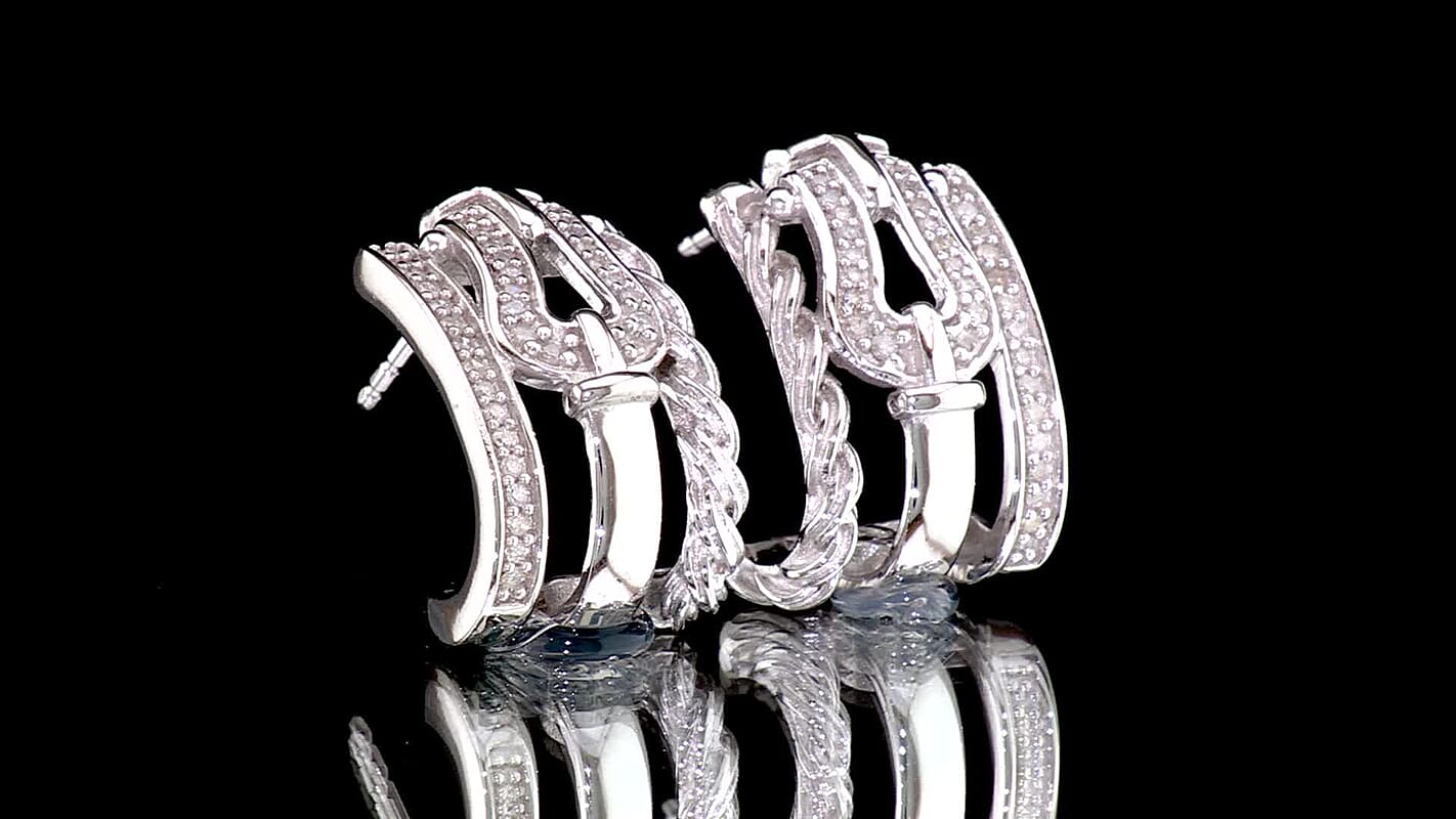 GP White Diamond 0.35 ctw J Hoop Earrings in Rhodium Over Sterling Silver